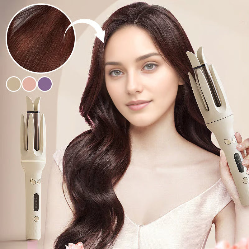 Beautiful woman smiling while holding the automatic hair curler from Britt Company – perfect smooth curls and effortless styling.