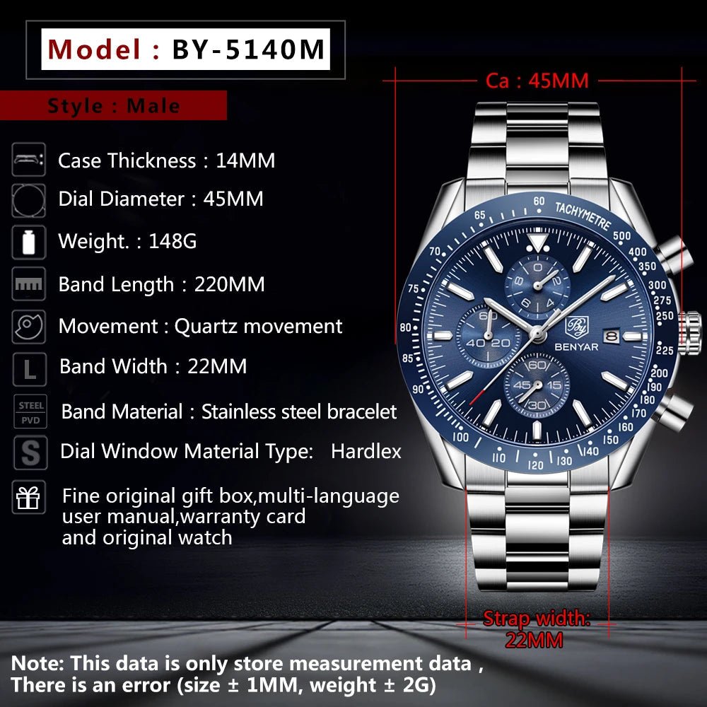 BENYAR BY - 5140M — Luxury Sport Quartz Chronograph (50M Waterproof) - Britt Company