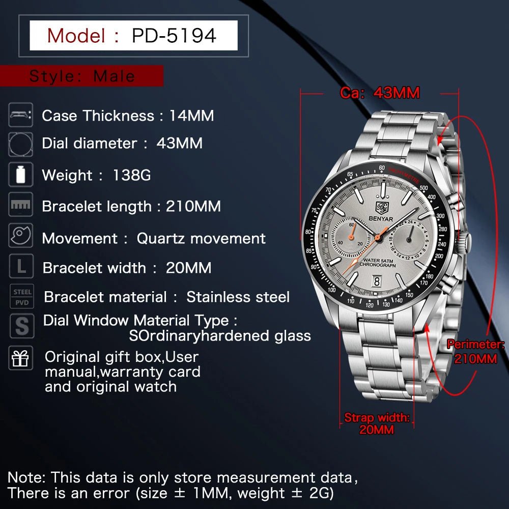 BENYAR BY - 5194 Luxury Quartz Chronograph Watch – Stainless Steel, 5ATM - Britt Company