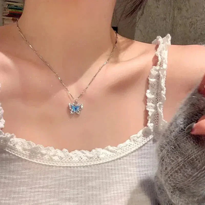 Blue Crystal Butterfly Layered Necklace – Elegant Double Chain Britt Company