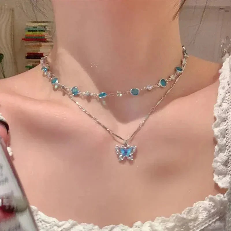 Blue Crystal Butterfly Layered Necklace – Elegant Double Chain Britt Company