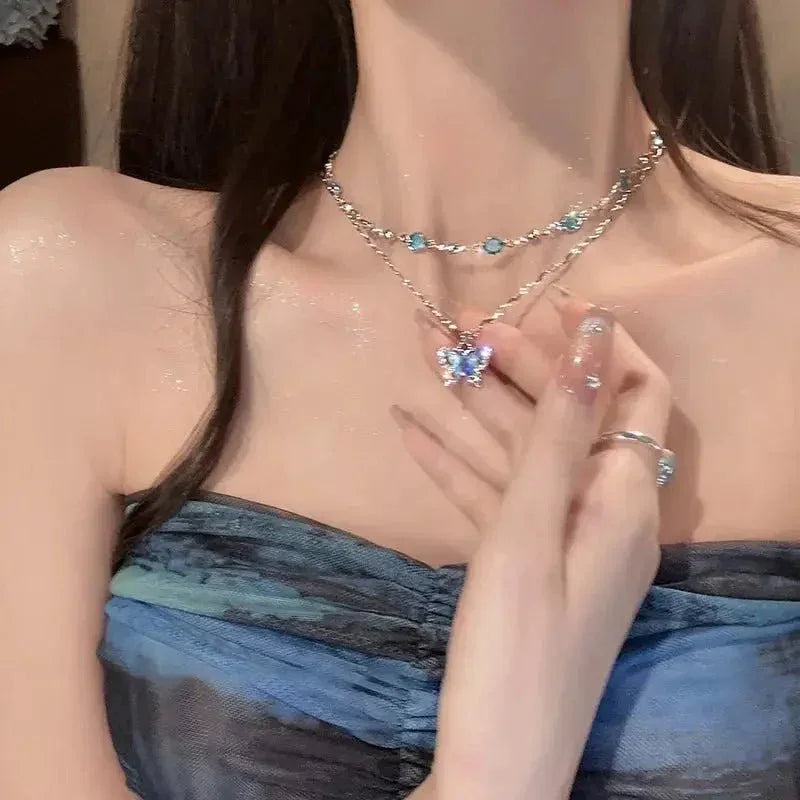 Blue Crystal Butterfly Layered Necklace – Elegant Double Chain Britt Company