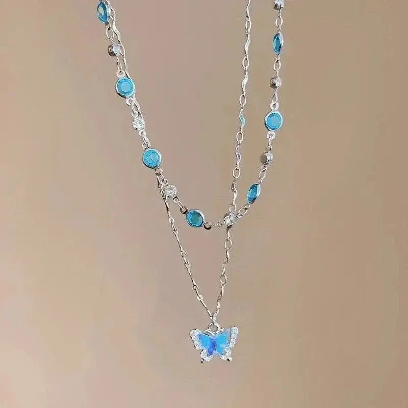 Blue Crystal Butterfly Layered Necklace – Elegant Double Chain Britt Company