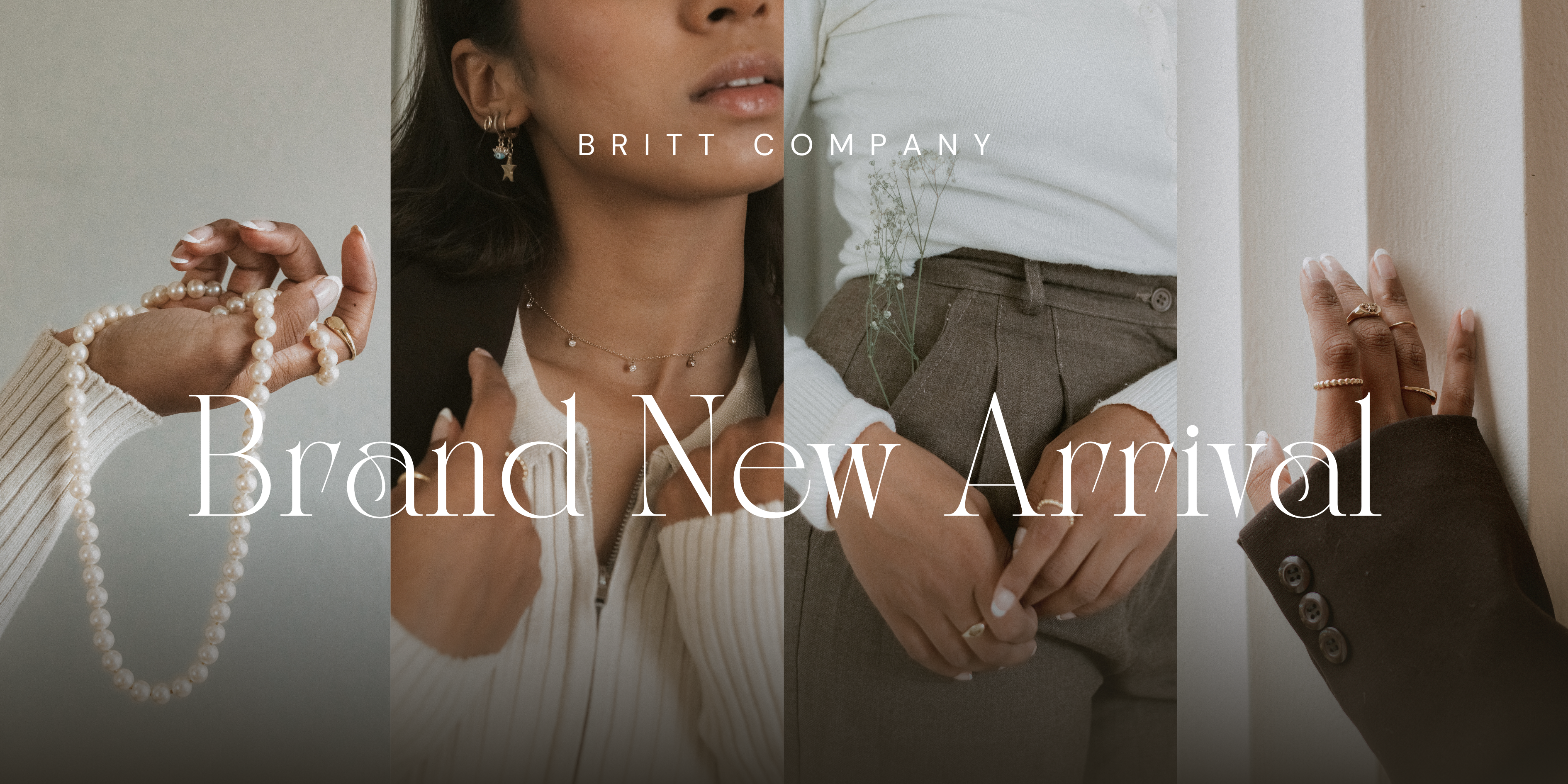 Britt Company jewelry banner – women wearing pearl necklaces, gold rings and elegant accessories from the new collection UK