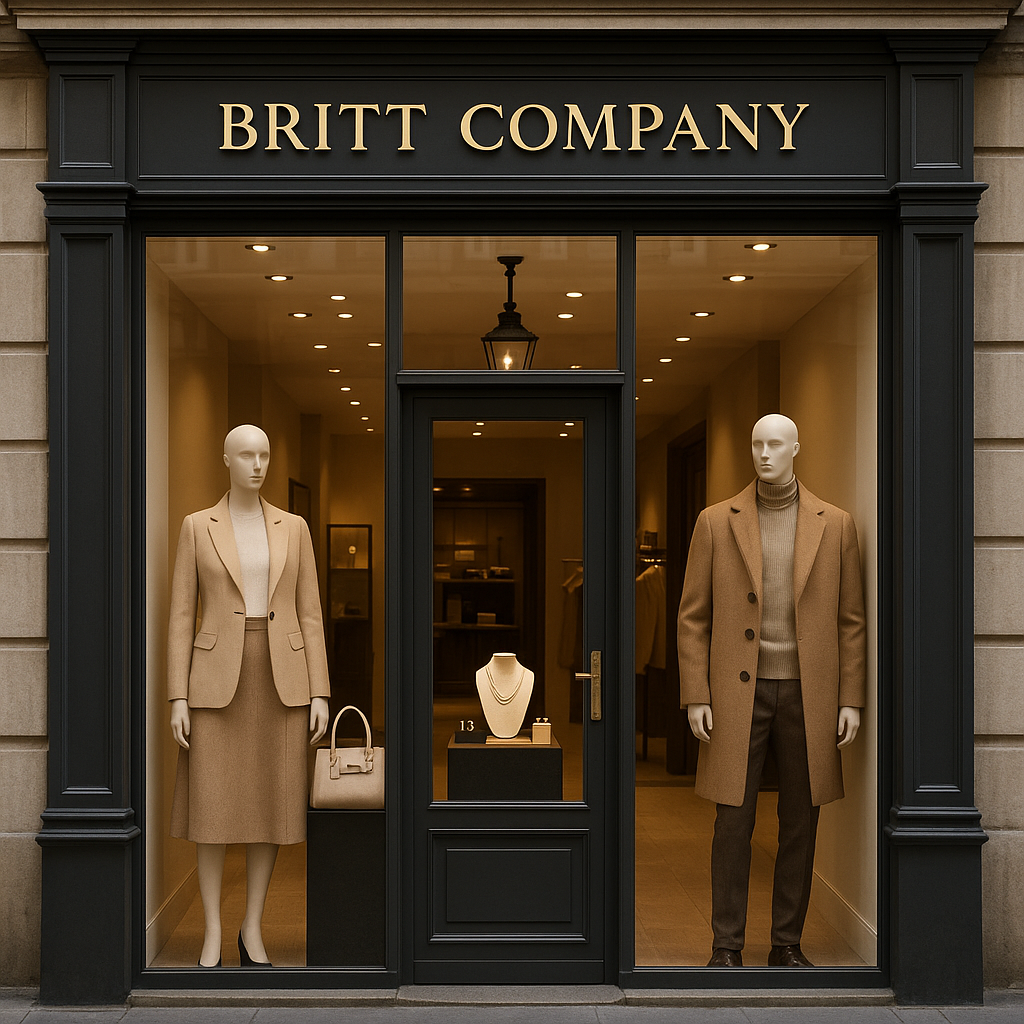 Elegant storefront of Britt Company with mannequins showcasing timeless fashion and jewelry pieces