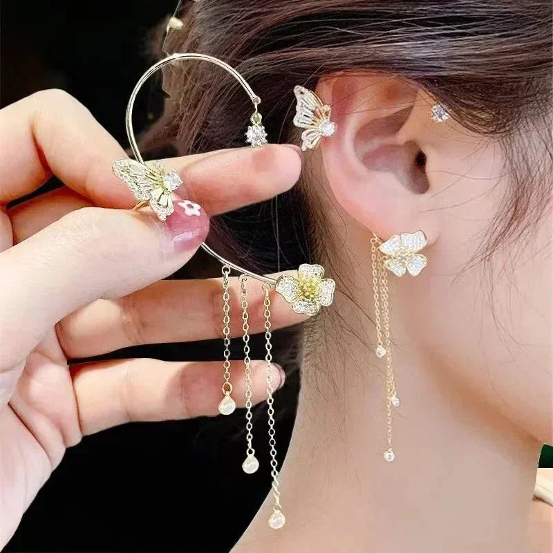 BUTTERFLY FLOWER TASSEL SHINY ZIRCON EARRINGS - Britt Company