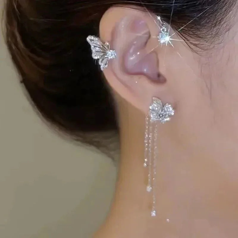 BUTTERFLY FLOWER TASSEL SHINY ZIRCON EARRINGS - Britt Company