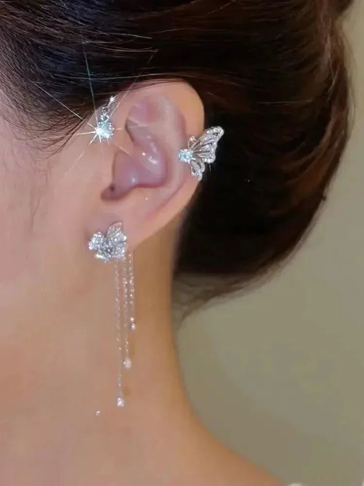 BUTTERFLY FLOWER TASSEL SHINY ZIRCON EARRINGS - Britt Company