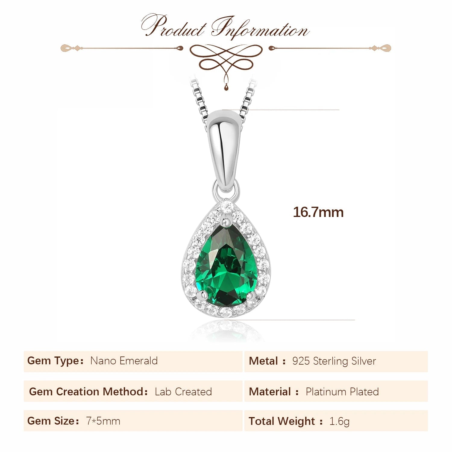 💚 Emerald Teardrop – Certified 925 Sterling Silver Pendant Necklace - Britt Company