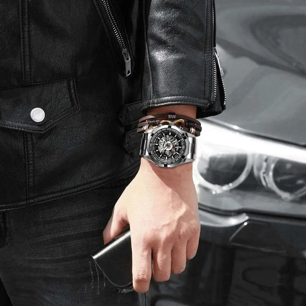 Forsining Stainless Steel Skeleton Automatic Watch – Luxury Men’s Mechanical Wristwatch UK - Britt Company