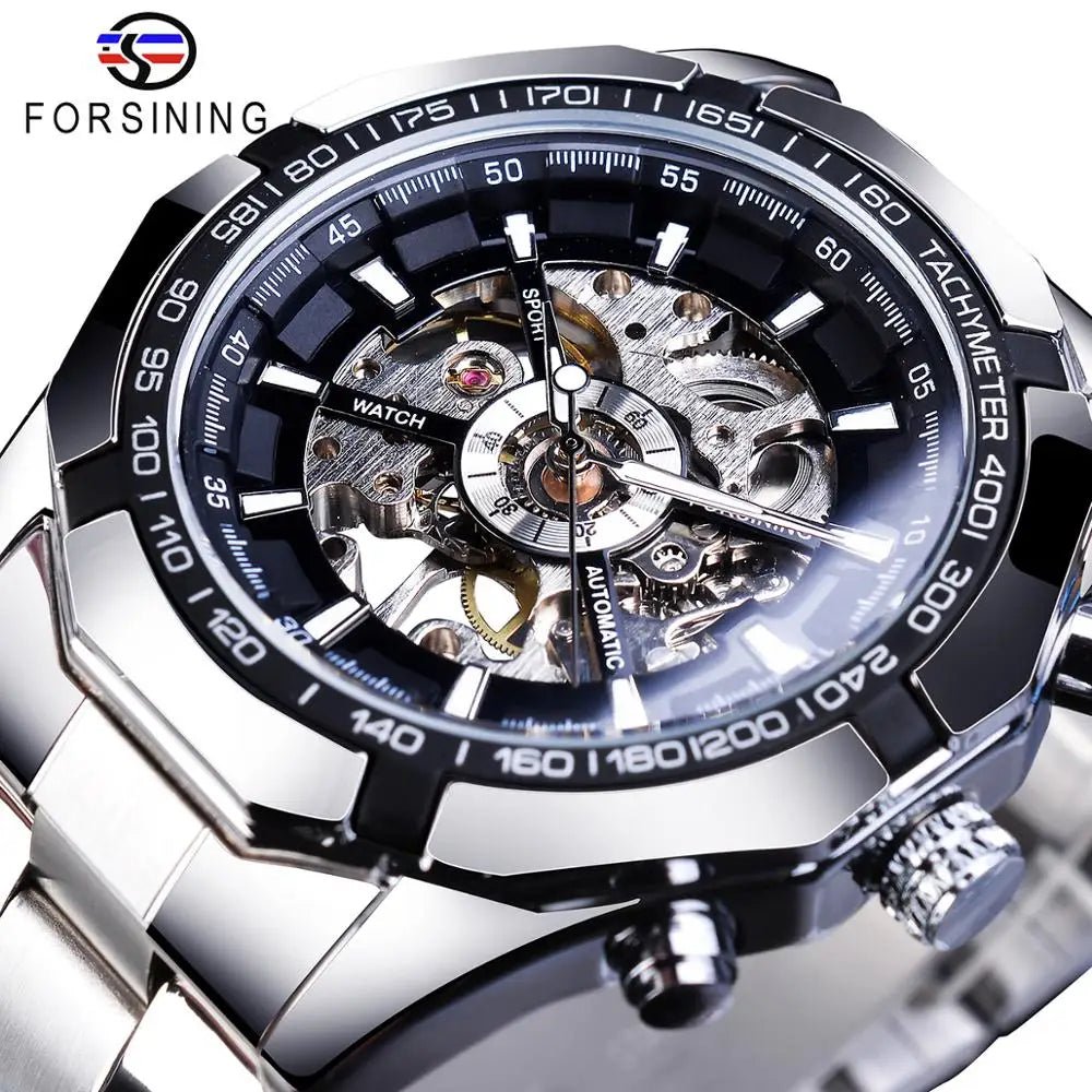 Forsining Stainless Steel Skeleton Automatic Watch – Luxury Men’s Mechanical Wristwatch UK - Britt Company