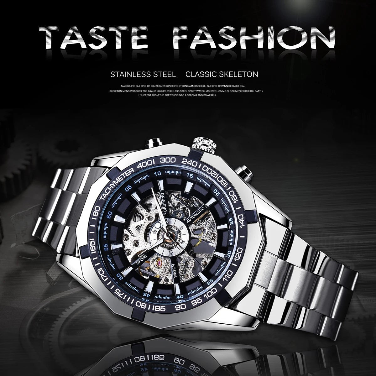 Forsining Stainless Steel Skeleton Automatic Watch – Luxury Men’s Mechanical Wristwatch UK - Britt Company