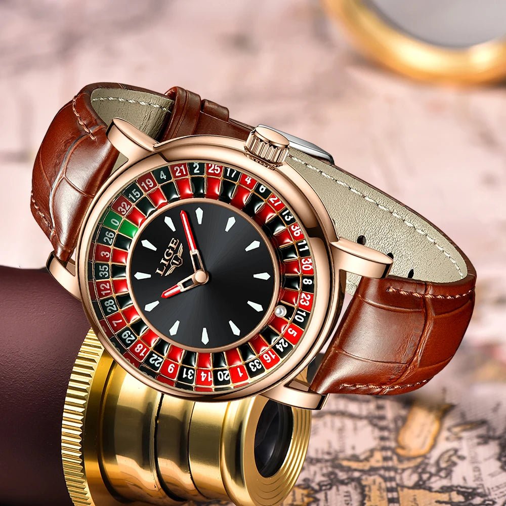 LIGE Roulette Watch – Men’s Quartz 45MM Leather Waterproof Luminous Wristwatch UK - Britt Company