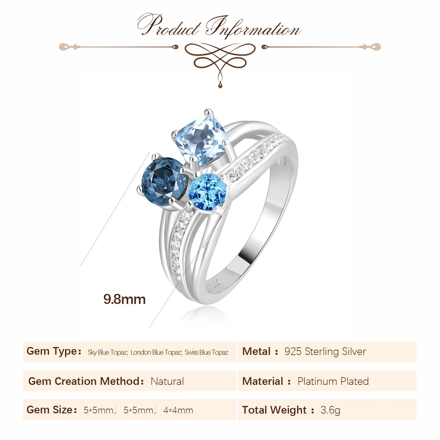 💙 Trinity Blue – Certified 925 Sterling Silver Three - Stone Topaz Ring - Britt Company