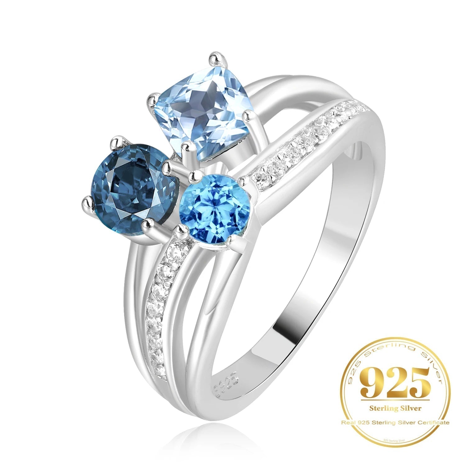 💙 Trinity Blue – Certified 925 Sterling Silver Three - Stone Topaz Ring - Britt Company