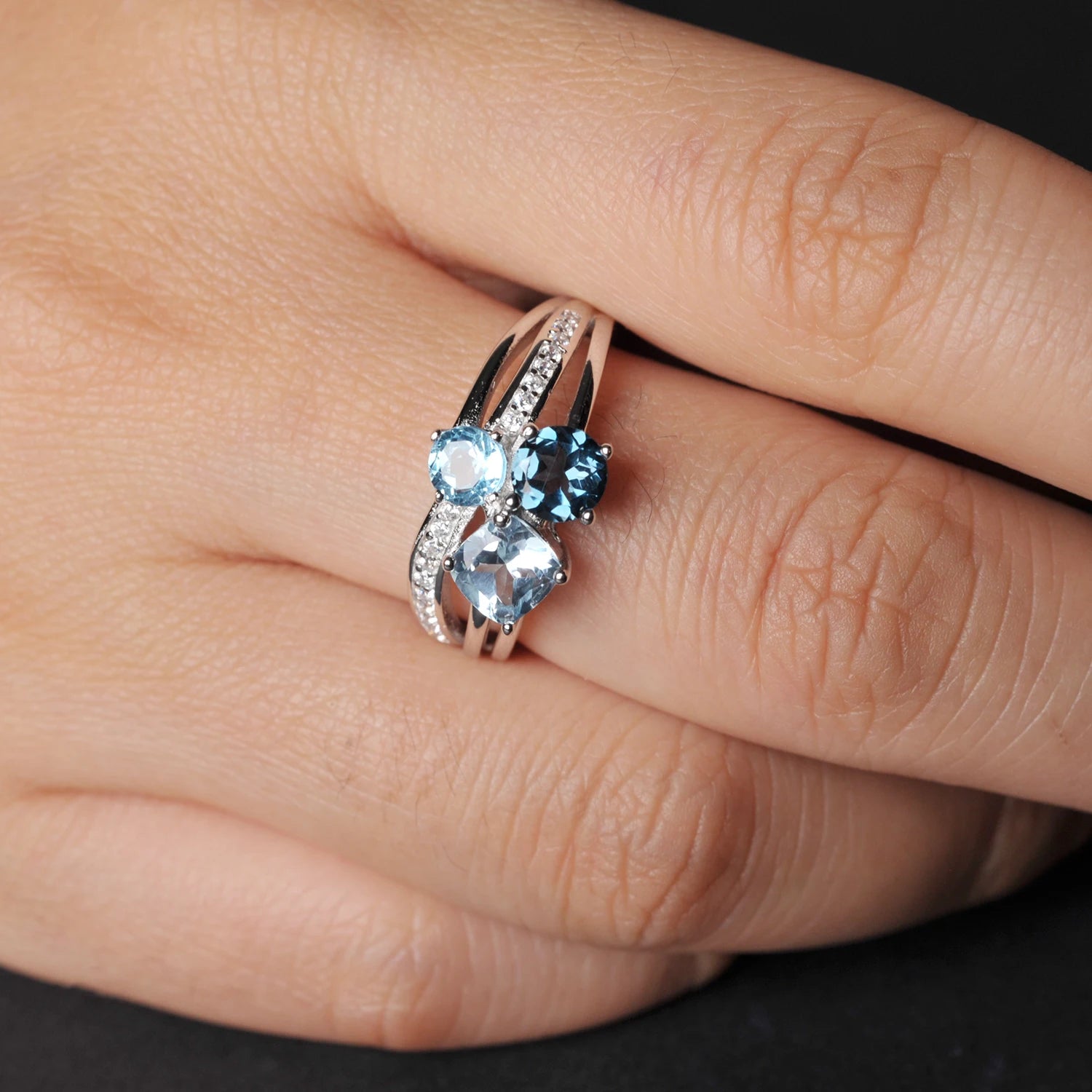 💙 Trinity Blue – Certified 925 Sterling Silver Three - Stone Topaz Ring - Britt Company