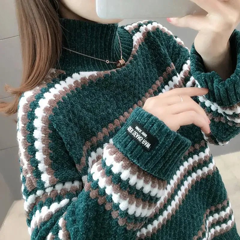 Winter Cozy Striped Turtleneck Sweater – Chunky Knit Oversized Pullover for Women - Britt Company