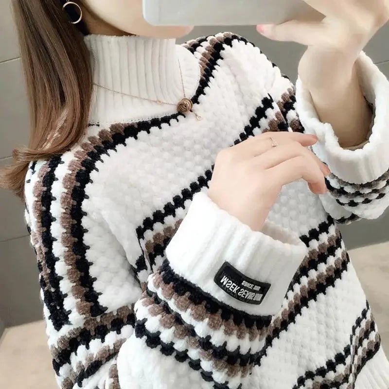 Winter Cozy Striped Turtleneck Sweater – Chunky Knit Oversized Pullover for Women - Britt Company