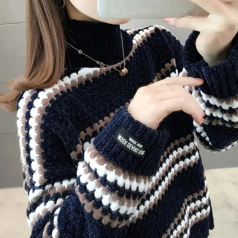 Winter Cozy Striped Turtleneck Sweater – Chunky Knit Oversized Pullover for Women - Britt Company