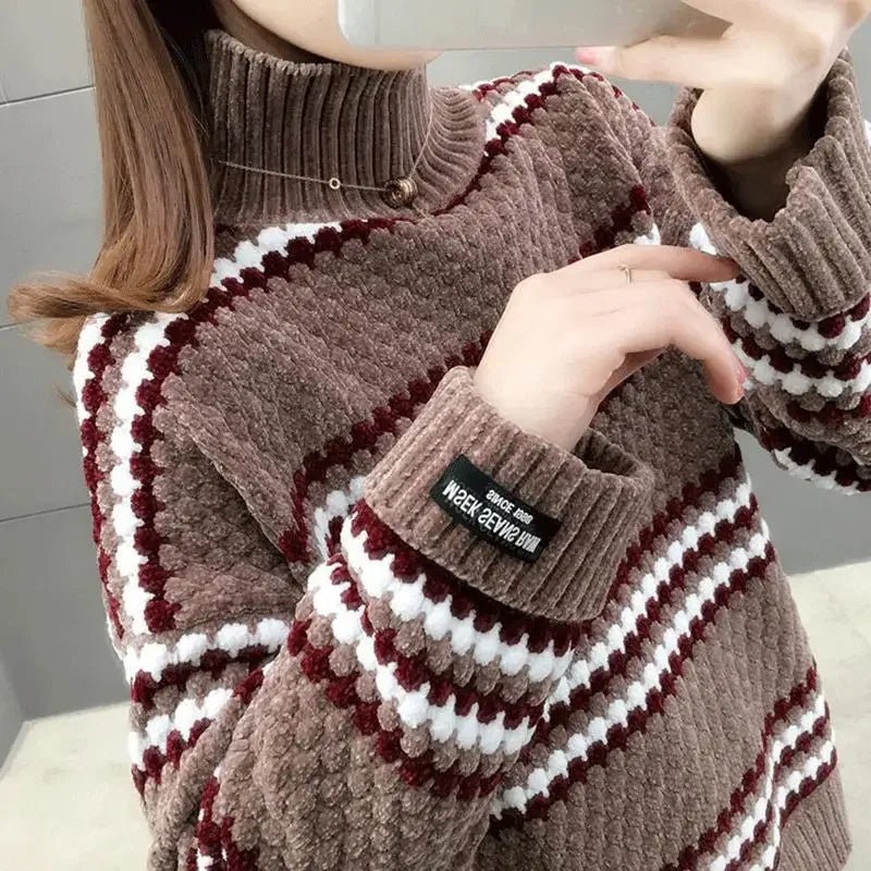 Winter Cozy Striped Turtleneck Sweater – Chunky Knit Oversized Pullover for Women - Britt Company