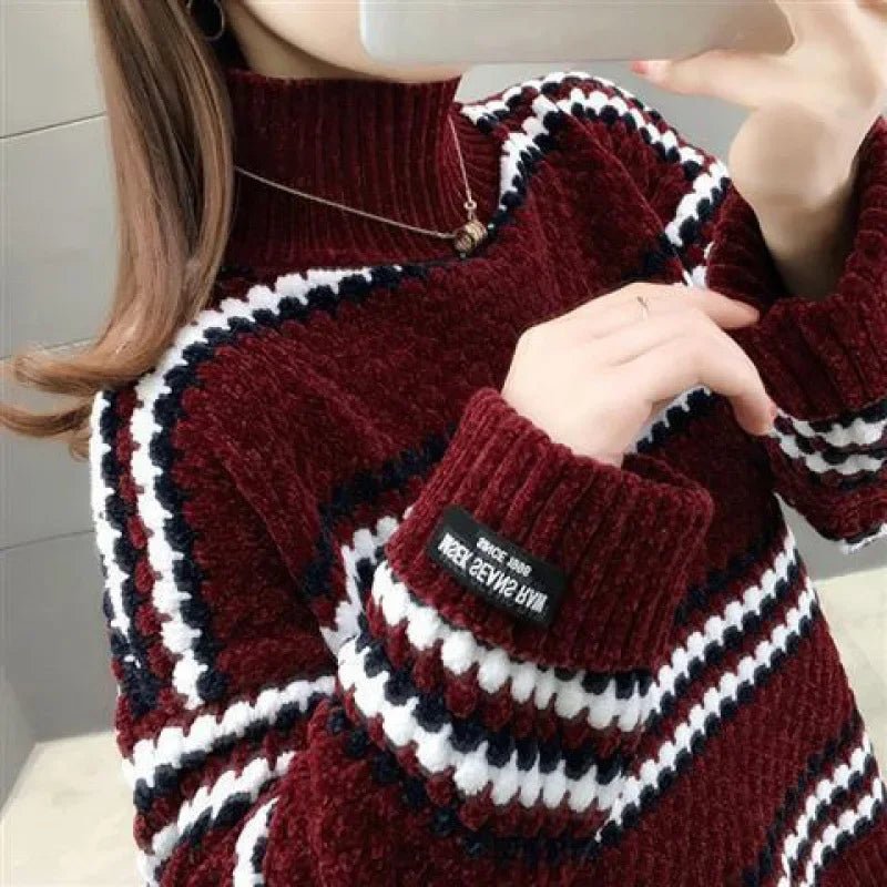 Winter Cozy Striped Turtleneck Sweater – Chunky Knit Oversized Pullover for Women - Britt Company