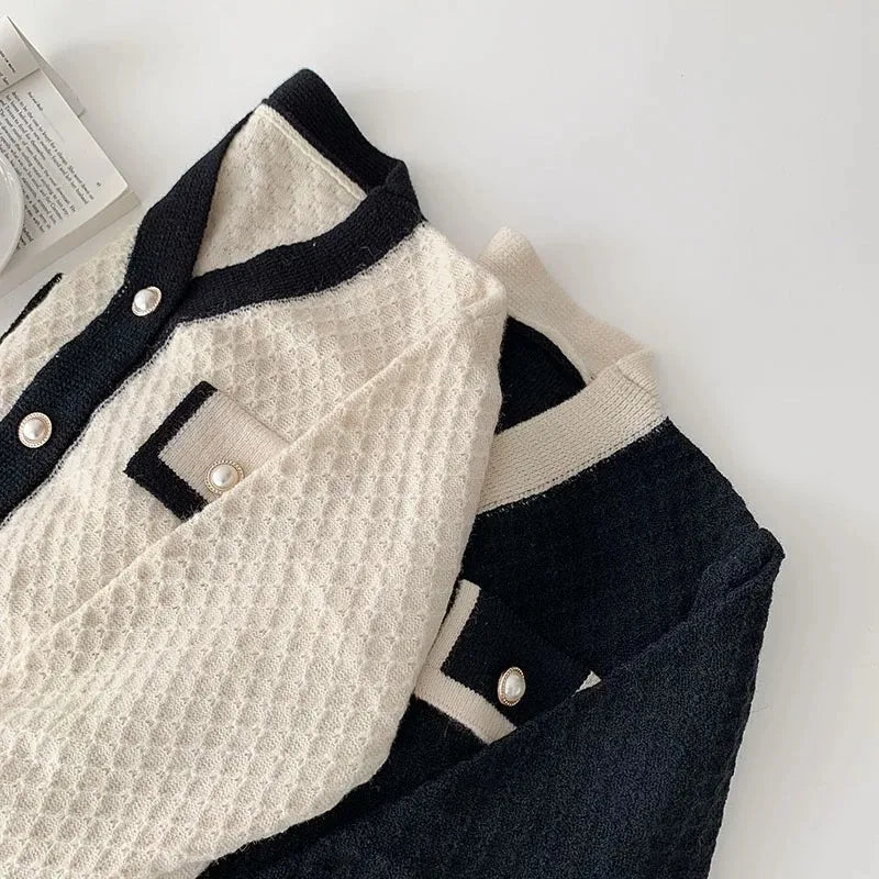 Women’s Knit Cardigan with Pearl Buttons – Elegant Contrast Trim Sweater - Britt Company