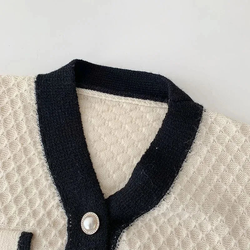 Women’s Knit Cardigan with Pearl Buttons – Elegant Contrast Trim Sweater - Britt Company