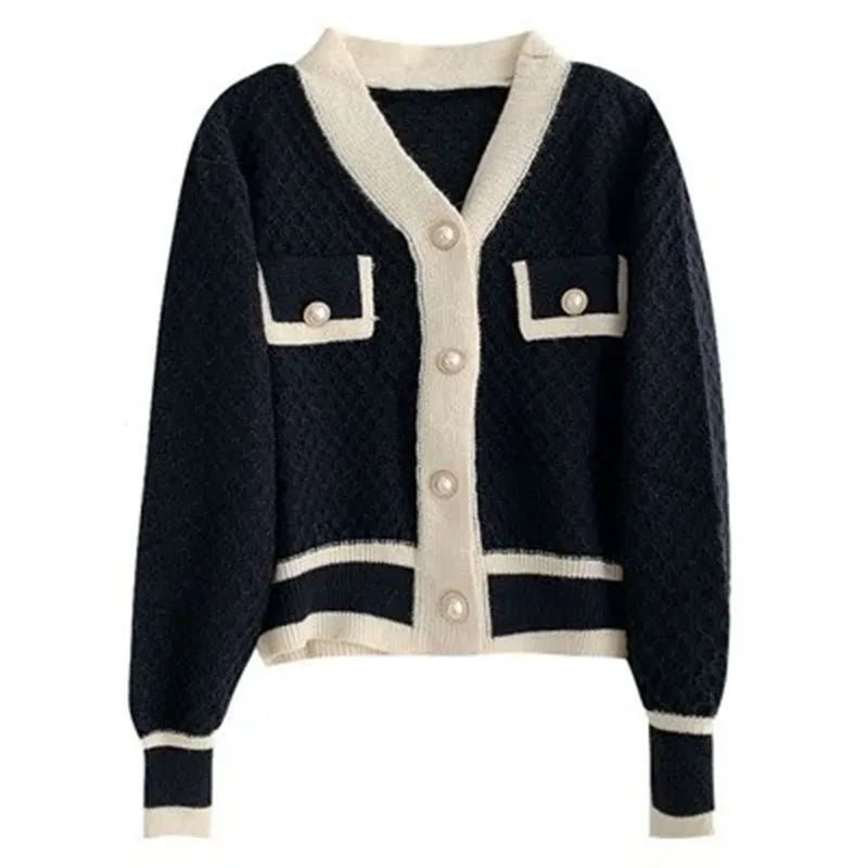 Women’s Knit Cardigan with Pearl Buttons – Elegant Contrast Trim Sweater - Britt Company