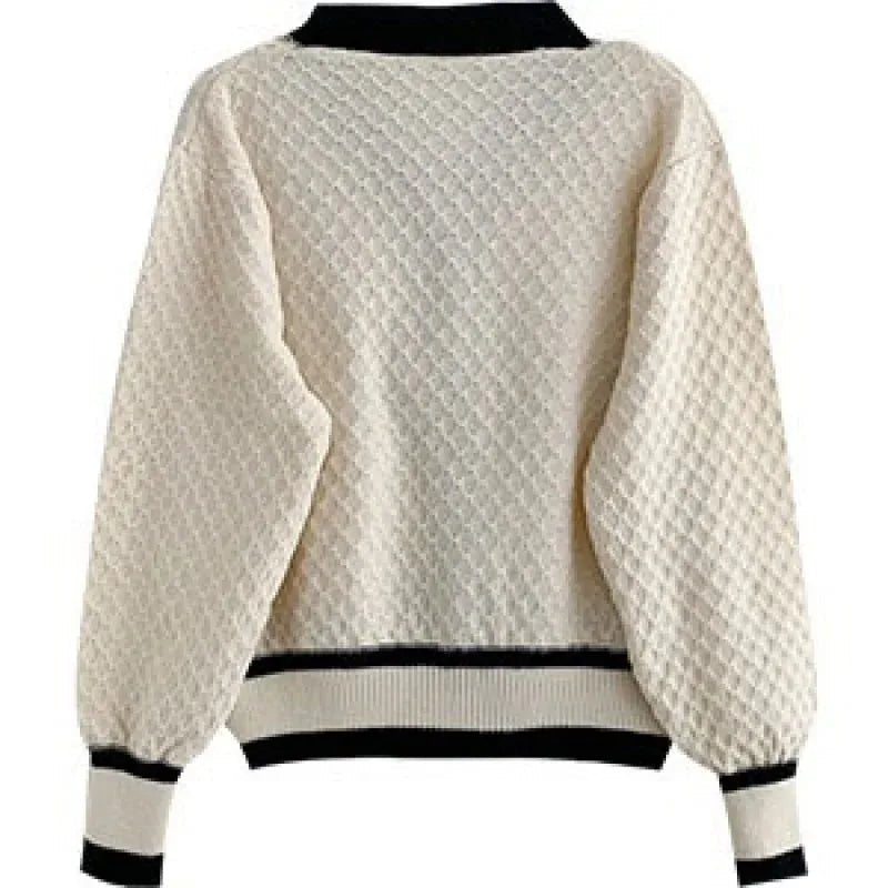 Women’s Knit Cardigan with Pearl Buttons – Elegant Contrast Trim Sweater - Britt Company