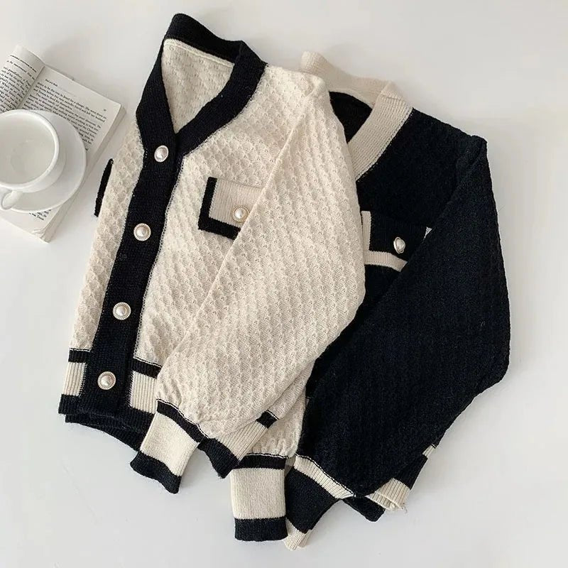 Women’s Knit Cardigan with Pearl Buttons – Elegant Contrast Trim Sweater - Britt Company