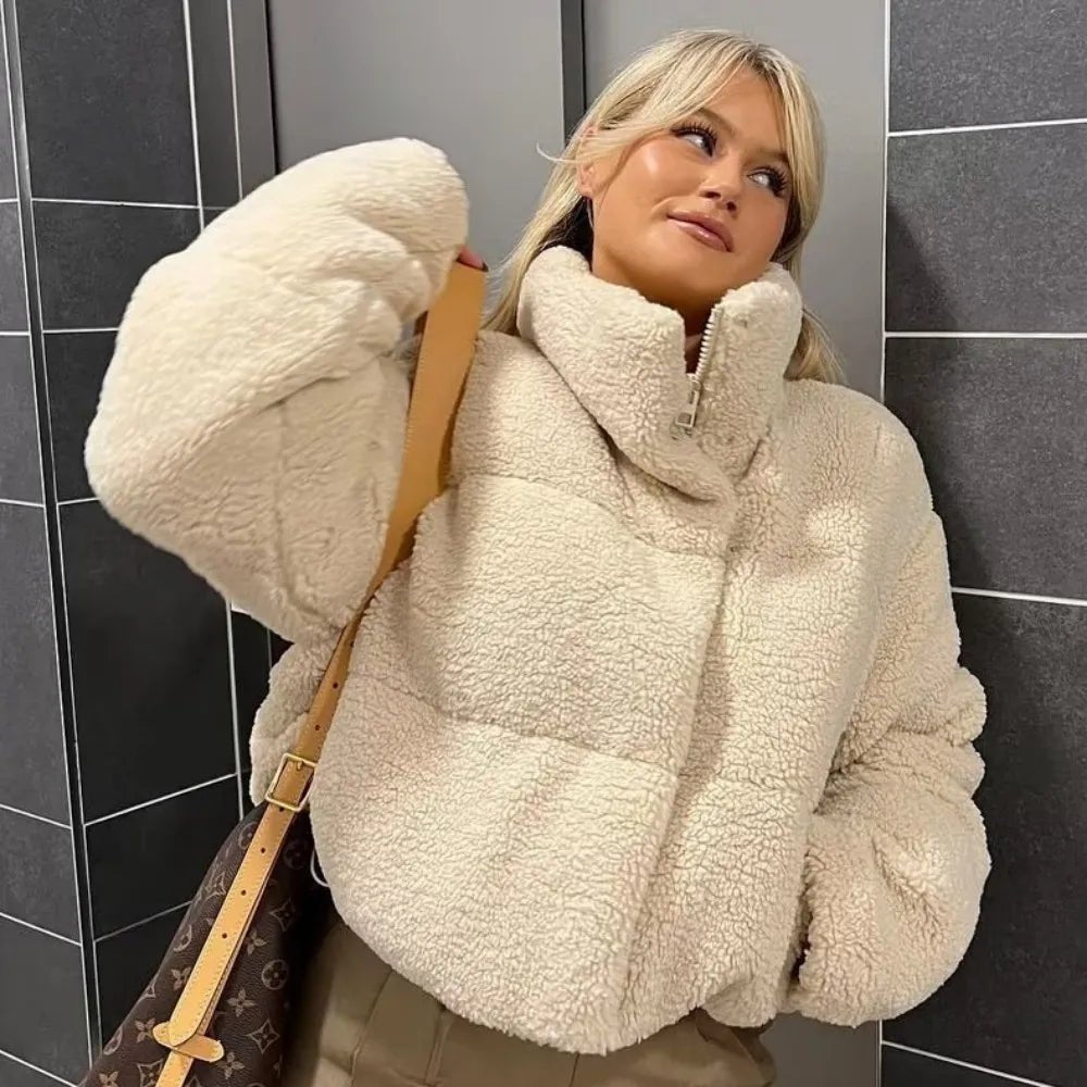 Women’s Teddy Fleece Puffer Jacket – Warm Winter Short Coat - Britt Company