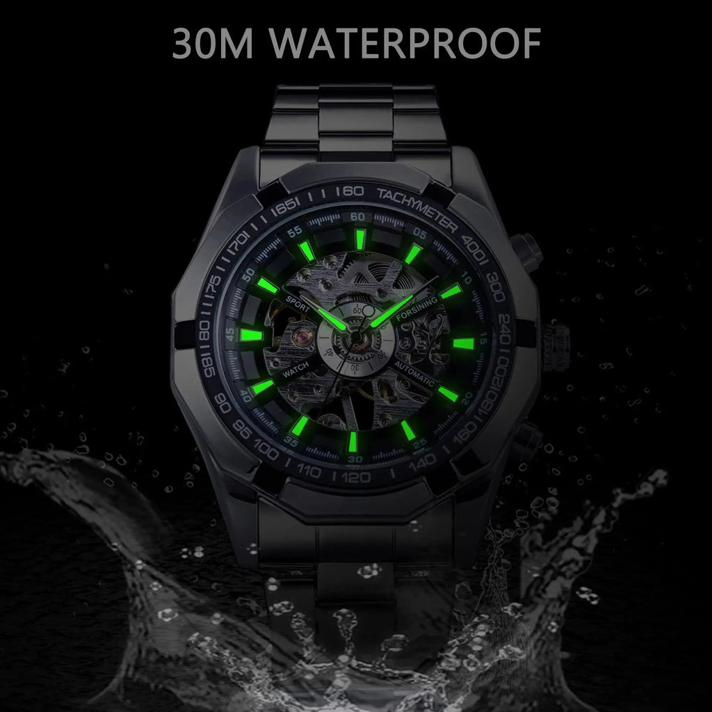 Forsining Stainless Steel Skeleton Automatic Watch – Luxury Men’s Mechanical Wristwatch UK - Britt Company