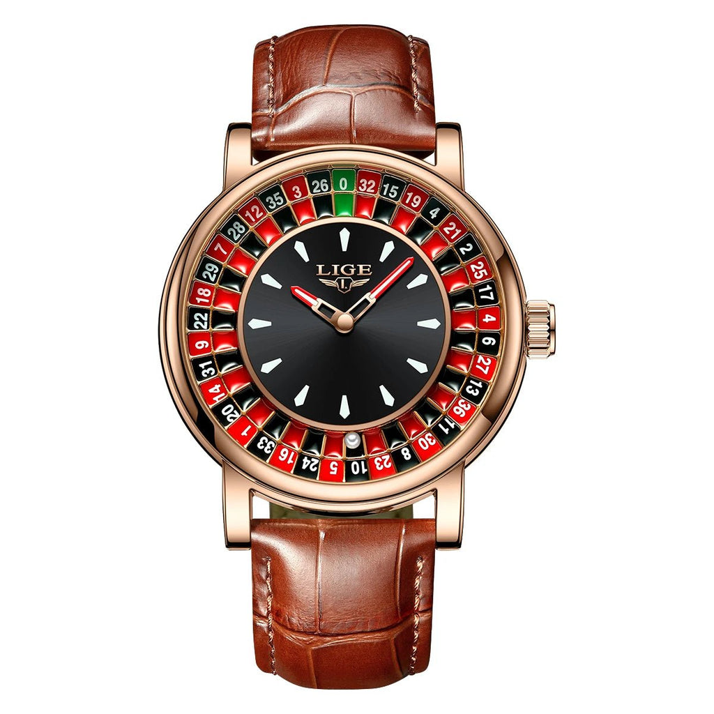 LIGE Roulette Watch – Men’s Quartz 45MM Leather Waterproof Luminous Wristwatch UK - Britt Company