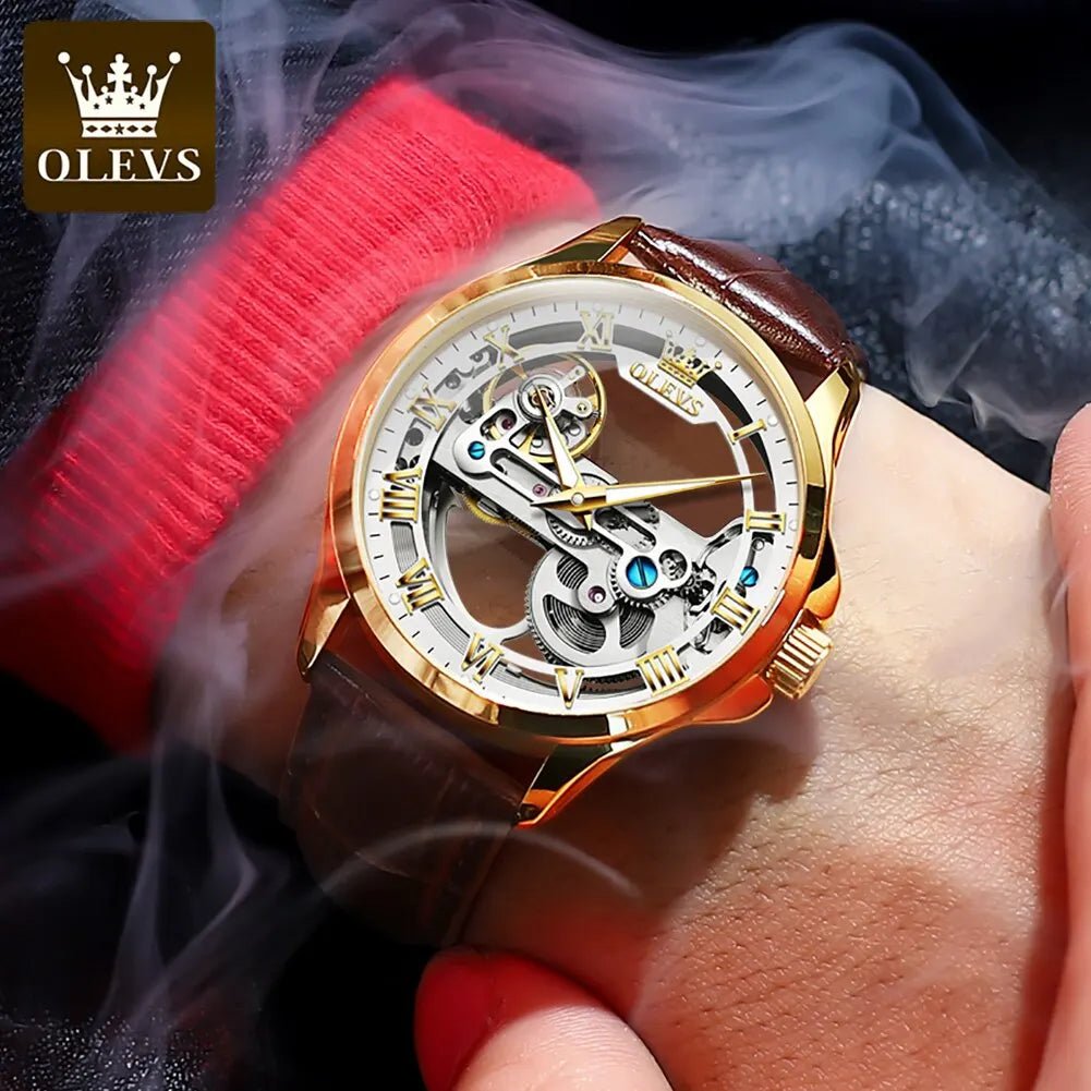 OLEVS 6661 Skeleton Automatic Mechanical Watch – Men’s Luxury Leather Business Watch UK - Britt Company