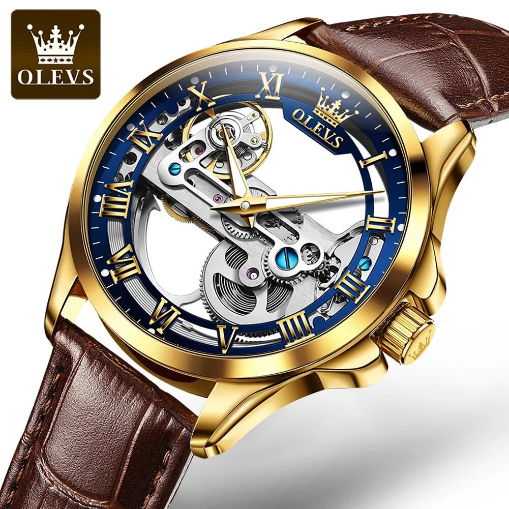 OLEVS 6661 Skeleton Automatic Mechanical Watch – Men’s Luxury Leather Business Watch UK - Britt Company