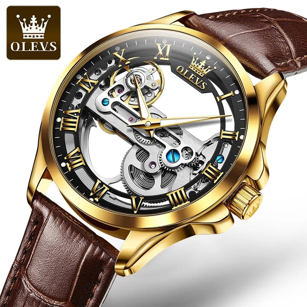 OLEVS 6661 Skeleton Automatic Mechanical Watch – Men’s Luxury Leather Business Watch UK - Britt Company