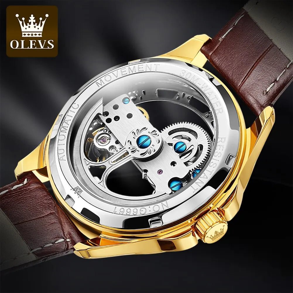 OLEVS 6661 Skeleton Automatic Mechanical Watch – Men’s Luxury Leather Business Watch UK - Britt Company