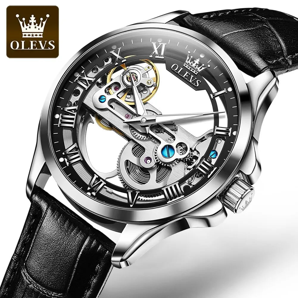 OLEVS 6661 Skeleton Automatic Mechanical Watch – Men’s Luxury Leather Business Watch UK - Britt Company