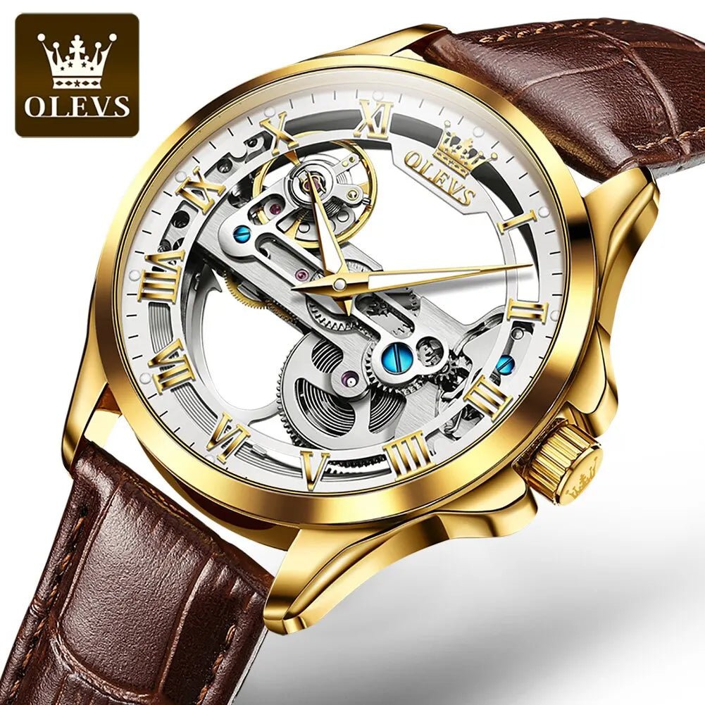 OLEVS 6661 Skeleton Automatic Mechanical Watch – Men’s Luxury Leather Business Watch UK - Britt Company