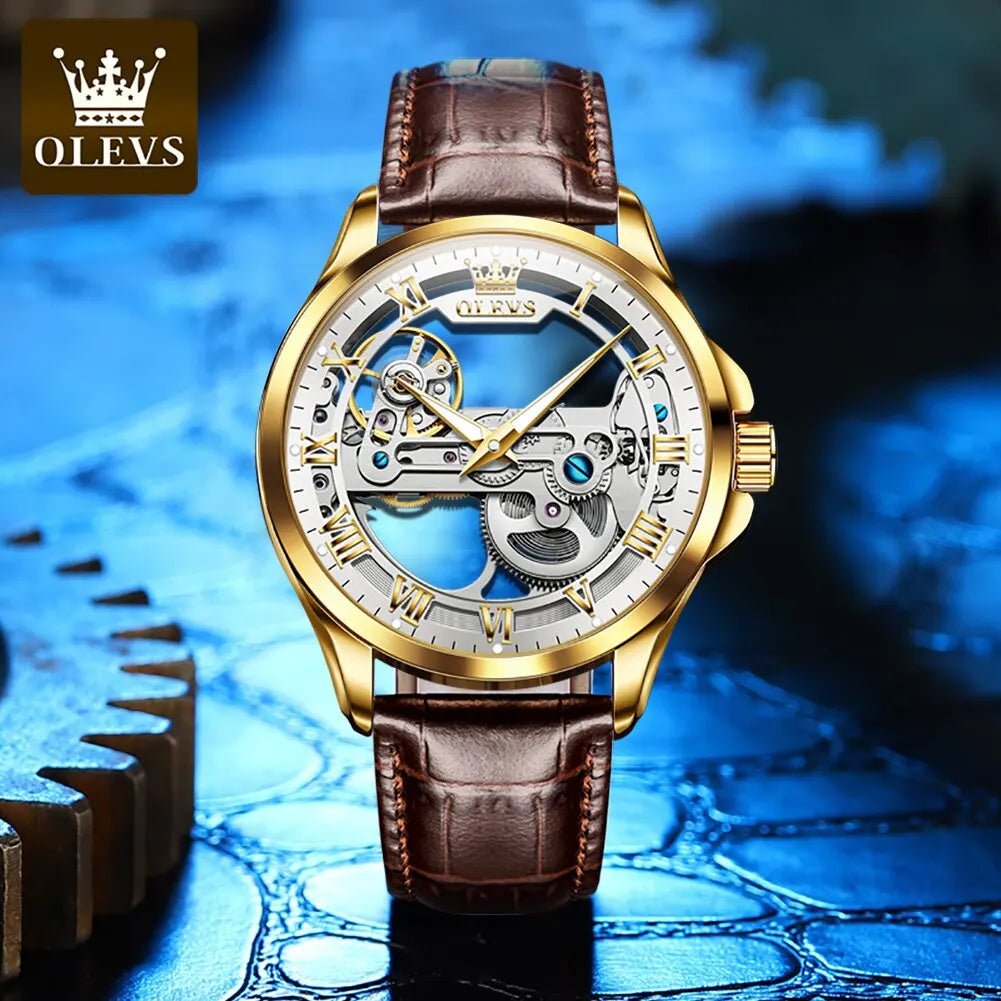 OLEVS 6661 Skeleton Automatic Mechanical Watch – Men’s Luxury Leather Business Watch UK - Britt Company