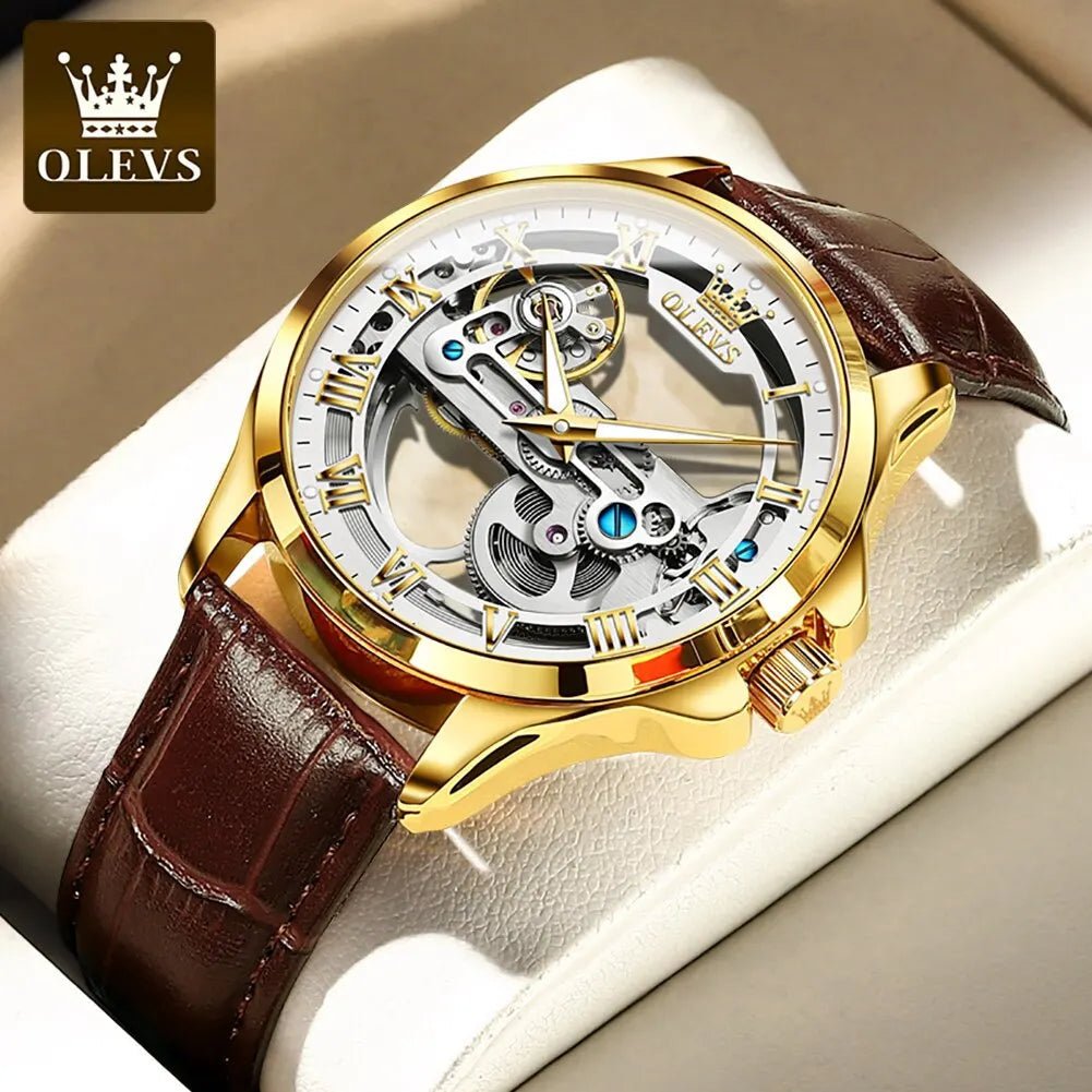 OLEVS 6661 Skeleton Automatic Mechanical Watch – Men’s Luxury Leather Business Watch UK - Britt Company