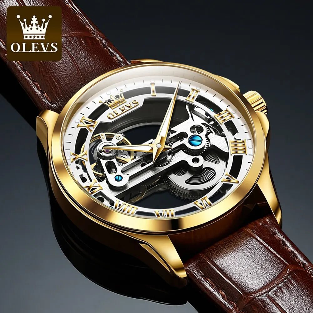 OLEVS 6661 Skeleton Automatic Mechanical Watch – Men’s Luxury Leather Business Watch UK - Britt Company