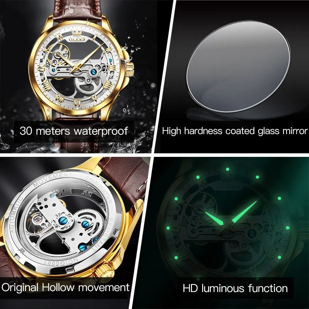 OLEVS 6661 Skeleton Automatic Mechanical Watch – Men’s Luxury Leather Business Watch UK - Britt Company