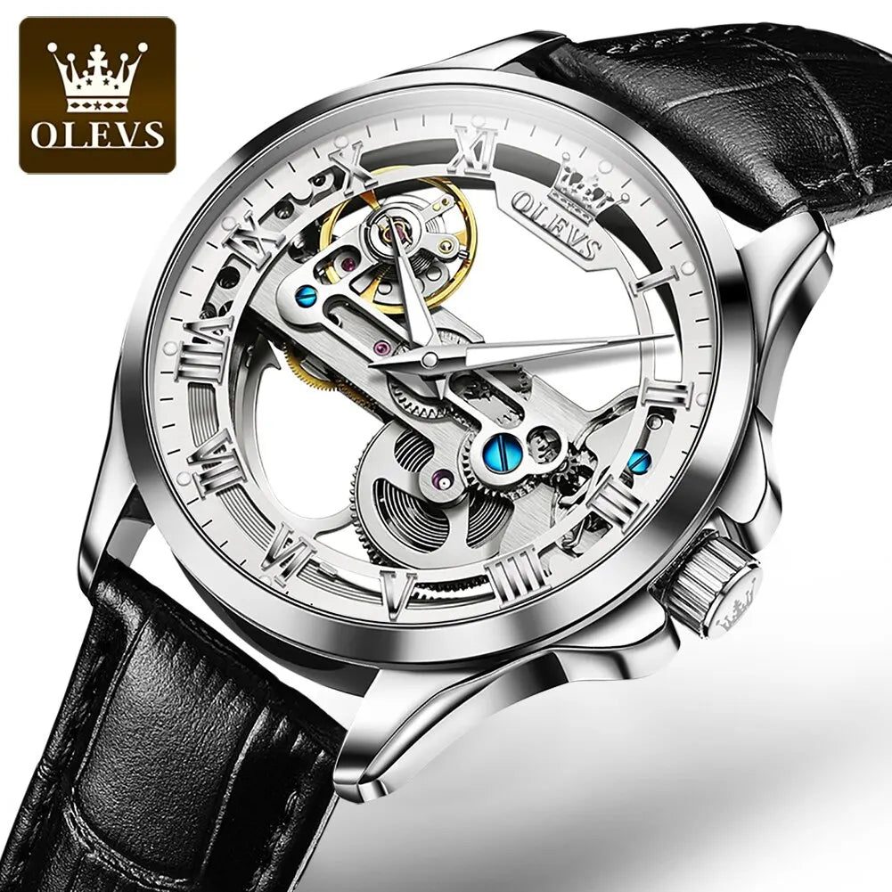 OLEVS 6661 Skeleton Automatic Mechanical Watch – Men’s Luxury Leather Business Watch UK - Britt Company