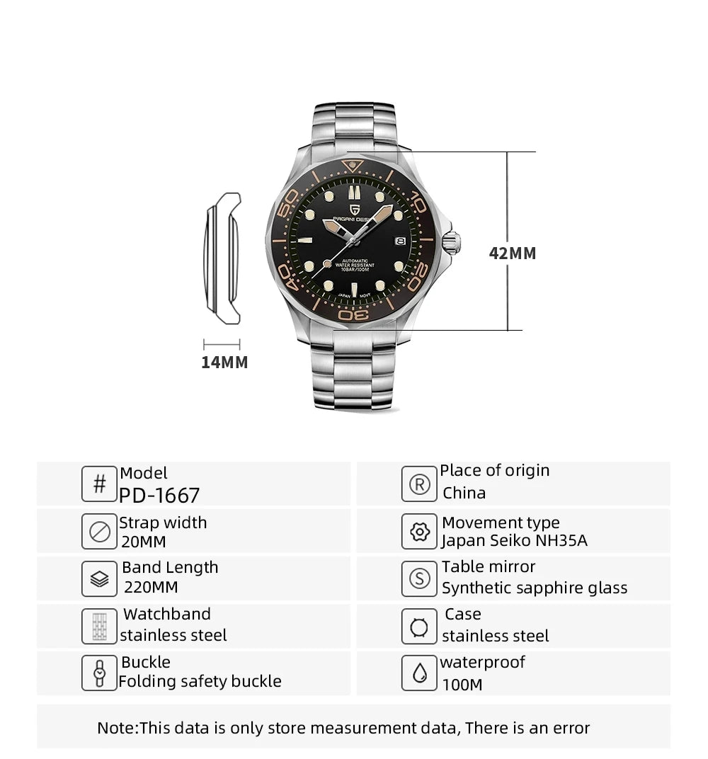 Pagani Design PD - 1667 Automatic Diver Watch – Sapphire Crystal, 316L Stainless Steel, Day - Date, 10 ATM UK - Britt Company