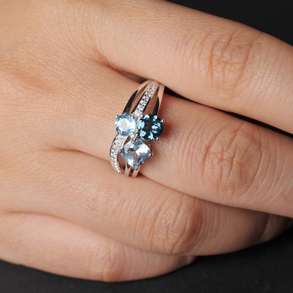 💙 Trinity Blue – Certified 925 Sterling Silver Three - Stone Topaz Ring - Britt Company