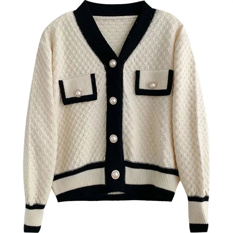 Women’s Knit Cardigan with Pearl Buttons – Elegant Contrast Trim Sweater - Britt Company