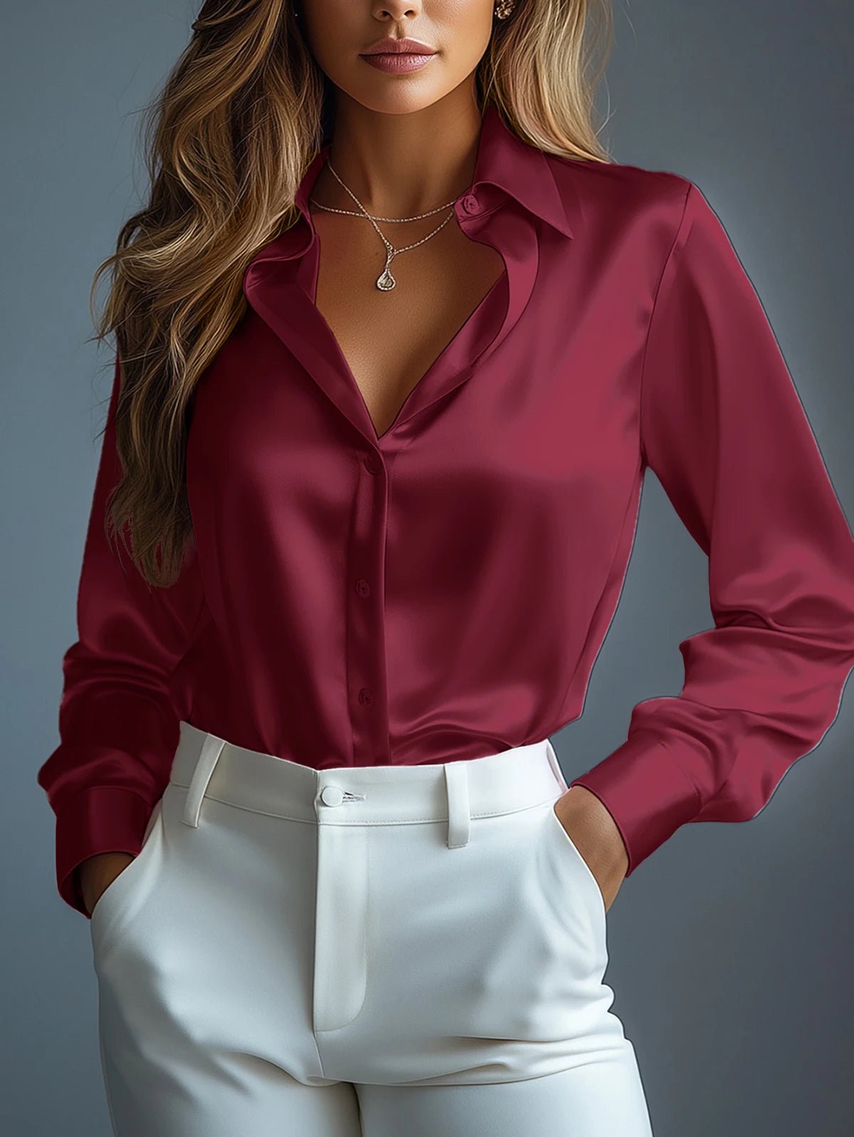 Women’s Satin Button - Up Shirt – Elegant Long Sleeve Blouse for Office & Casual Wear - Britt Company