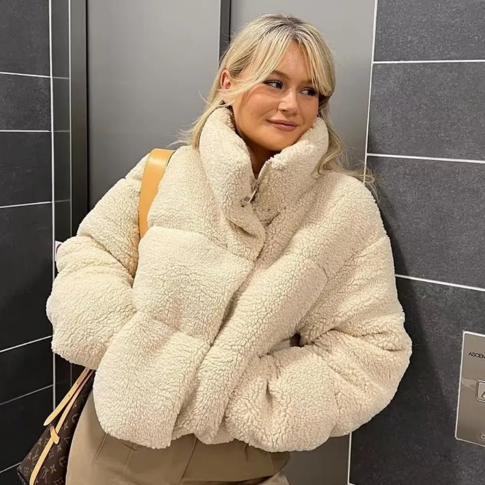 Women’s Teddy Fleece Puffer Jacket – Warm Winter Short Coat - Britt Company